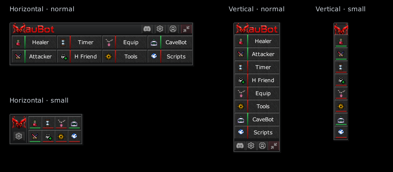 Four MauBot main menu layouts